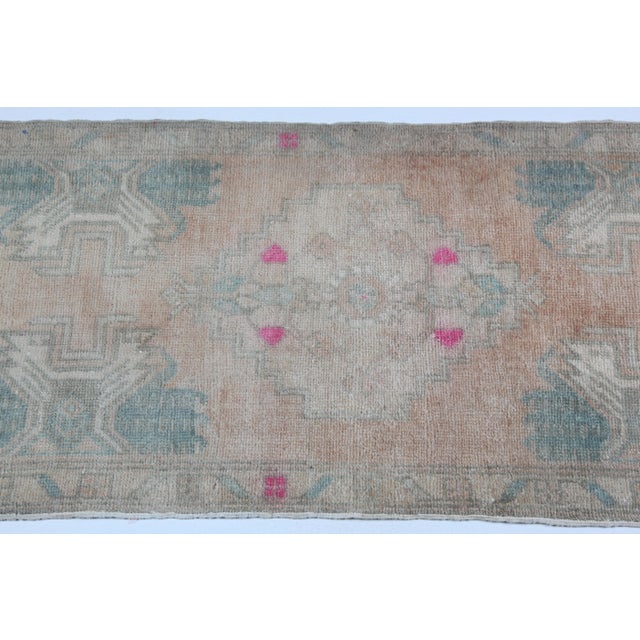 Vintage Turkish Door Mat Rug With Soft Teal & Blush Motifs For Sale In Tampa - Image 6 of 9