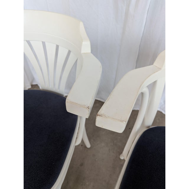 Mid-Century Modern Vintage White Bentwood Dining Chairs with Blue Fabric Seats, 1970s, Set of 6 For Sale - Image 3 of 18