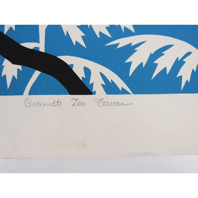 Late 20th century modernist serigraph on paper of toucan. Bright blue background colorful toucan. Signed Heidi James,...