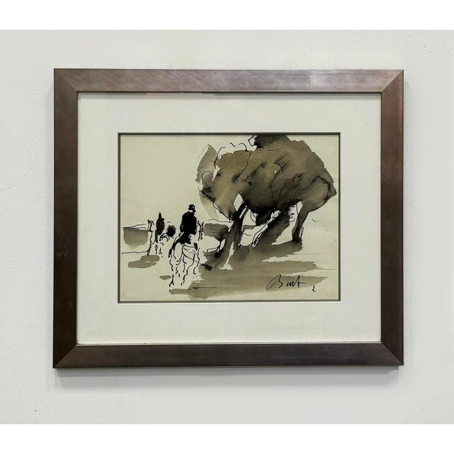Late 20th Century Vintage Abstract Fox Hunt Horse Painting in Gouache and Ink Watercolor For Sale - Image 5 of 5