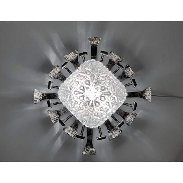 1950s Spanish Brutalist Flush Mount Ceiling Light – Silvered Wrought Iron & Heavy Embossed Glass For Sale - Image 12 of 14