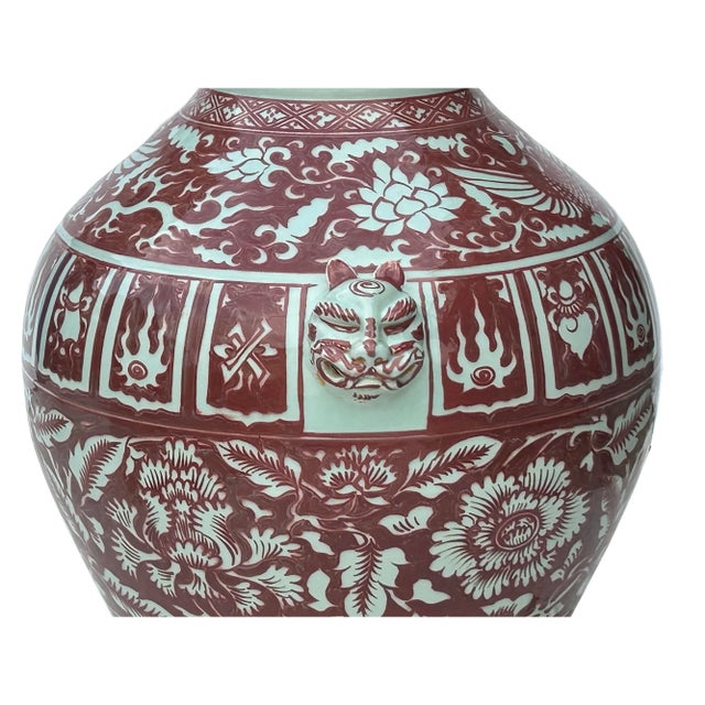 Vintage Copper Red Phoenix Flower Graphic Foo Dog Ear Ceramic Fat Pot Vase For Sale - Image 11 of 11