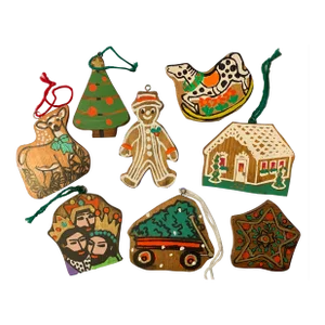 Set of Eight 1980s Hand-Painted Wooden Christmas Tree Ornaments