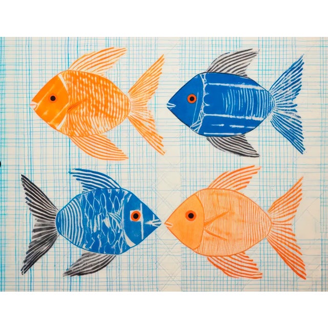Vibrant Quartet of Fish Art Print, Orange and Blue on Graph Paper, 12"x9" Introducing "Vibrant Quartet of Fish," a...