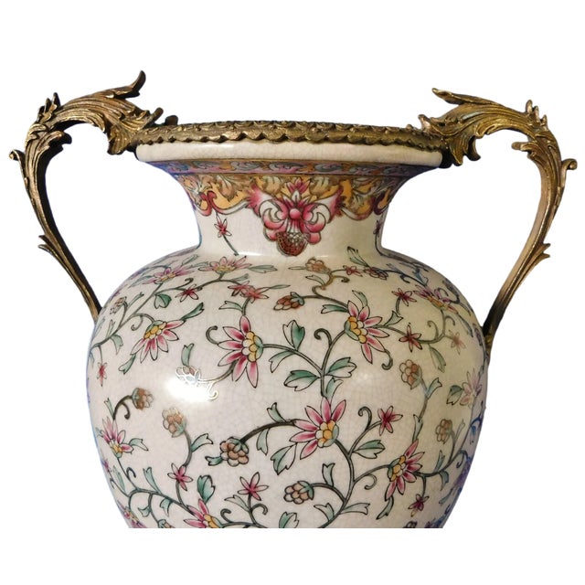 French Provincial Vintage French Sevres Style Porcelain Urn Vase With Foliate Bronze Handles & Base For Sale - Image 3 of 8