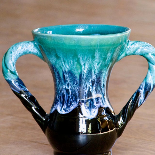 1950s Vintage French Amphora-Shaped Vase in Turquoise Flamed Glazed Stoneware from Vallauris, 1950 For Sale - Image 5 of 9