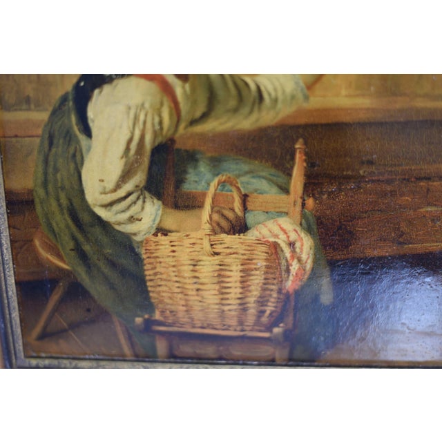 Mid 20th Century Mid Century Oil on Canvas Woman With Child and Lamb Toy 20" For Sale - Image 5 of 9