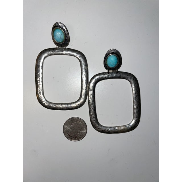 Native American Late 20th Century Turquoise and Silver Navajo Oversized Statement Earrings - 2 Pieces For Sale - Image 3 of 5