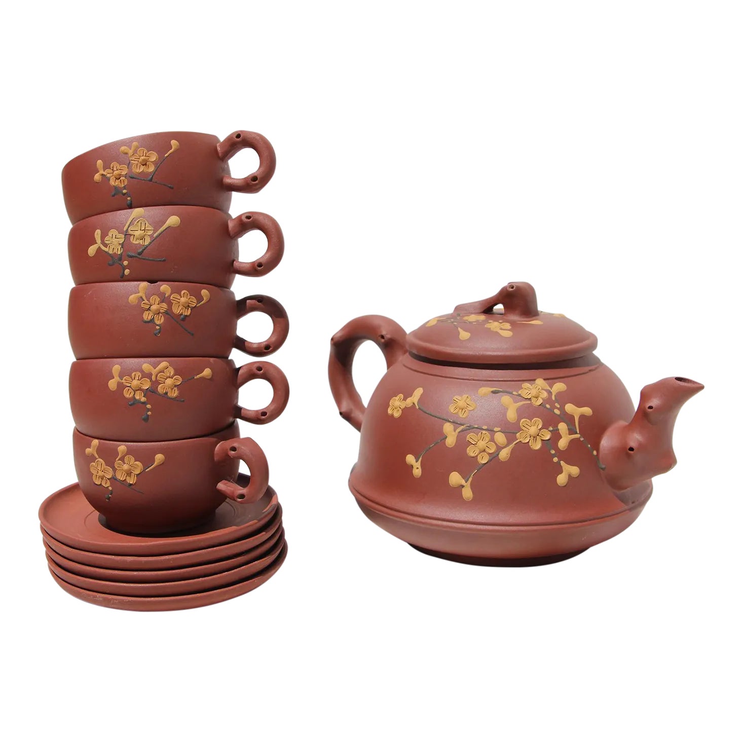 Mid-Century Chinese Yixing Tea Set, Teapot and Five Cups With