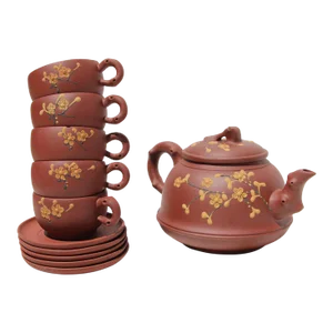 Mid-Century Chinese Yixing Tea Set, Teapot and Five Cups With Saucers, Marked