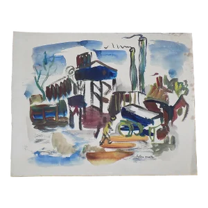 Vintage Original Mid 20th Century Listed Wpa Artist Signed Abstract Expressionist Industrial Cityscape Watercolor