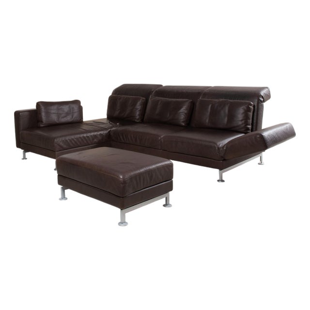 Moule Set Leather Corner Sofa and Ottoman in Brown Chrome with Manual Function from Brühl, Set of 2 For Sale