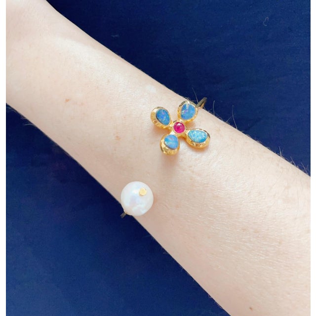 Bochic "Jungle" Vintage Ruby & Opal and South Sea Pearl Bangle 18K Gold & Silver For Sale - Image 10 of 18