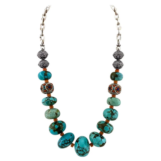 Tribal Chunky Chinese Turquoise Bead Necklace With Sterling Silver Chain, 20 Inch For Sale - Image 3 of 6