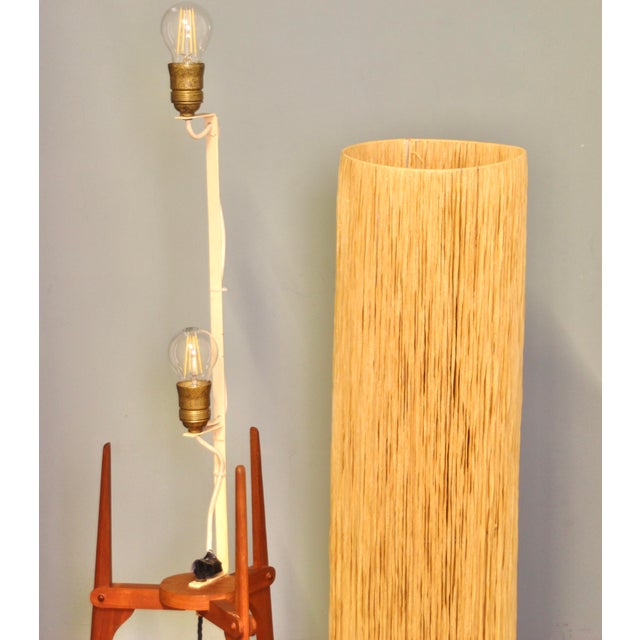 Metal Danish Teak Floor Lamp with Raffia Shade, 1950s For Sale - Image 7 of 9