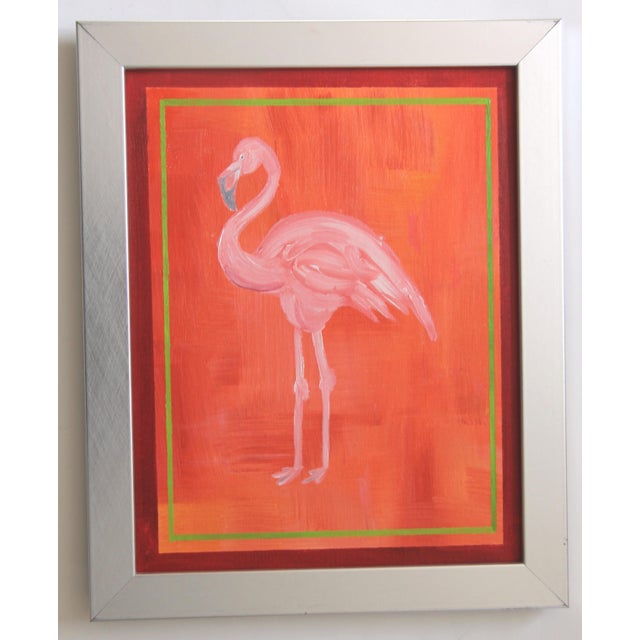 Flamingo bird in tropical colors using shades of apricot and orange, bright green and crimson with a double border....