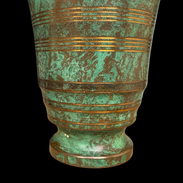 1930s Vintage Carl Sorensen Art Deco Verdigris Bronze Trumpet Vase With Gilt Rings For Sale - Image 5 of 8