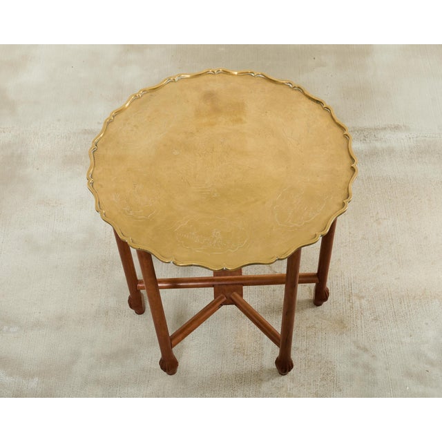 Mid 20th Century Asian Etched Brass Tray Table on Six Leg Folding Stand For Sale - Image 5 of 12