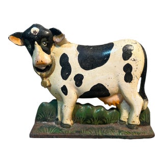 Cast Iron Holstein Cow Doorstop Folk Art Farmhouse Vintage Chippy Paint Signed For Sale
