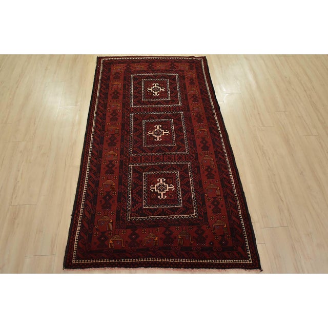 Cabin Baloch Rug 3’9” X 6’7” Red Wool Vintage Tribal Hand-Knotted Oriental Carpet For Sale - Image 3 of 13