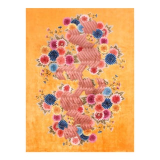 Fantabulous Yellow-Saffron Background With Multicolored Daisies in a Floral Design Art Deco Rug For Sale