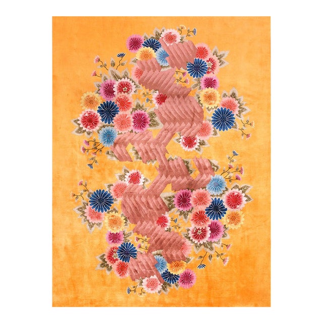 Fantabulous Yellow-Saffron Background With Multicolored Daisies in a Floral Design Art Deco Rug For Sale