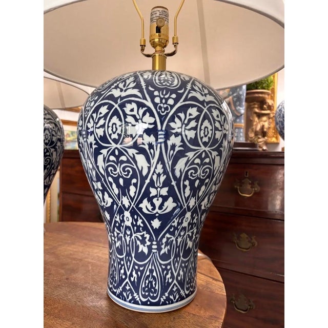 Ralph Lauren Contemporary Blue and White Ikat Pattern Ralph Lauren Over-Sized Jar Lamps With White Linen Shades, a Pair For Sale - Image 4 of 8