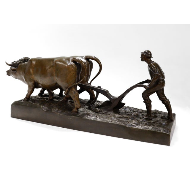 Antique Bronze Sculpture of a Farmer Plowing With Two Oxen by Marcel Debut For Sale - Image 4 of 17