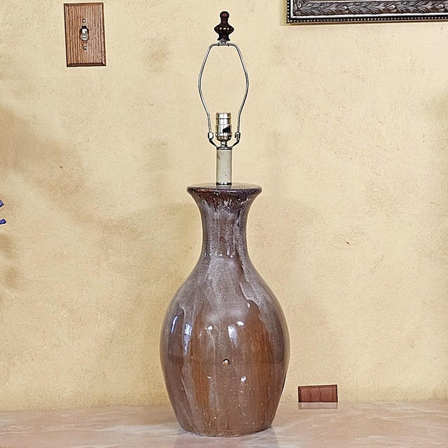 Vintage Ceramic Drip Glaze Table Lamp in Brown Studio Pottery Style With Tapered Shade For Sale In Washington DC - Image 6 of 18