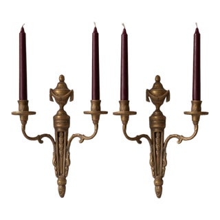 Pair Vintage Bronze Wall Candle Sconces, French Regency Style Candelabra, Hollywood Regency Brass Wall Decor, Neoclassical Candle Holders For Sale