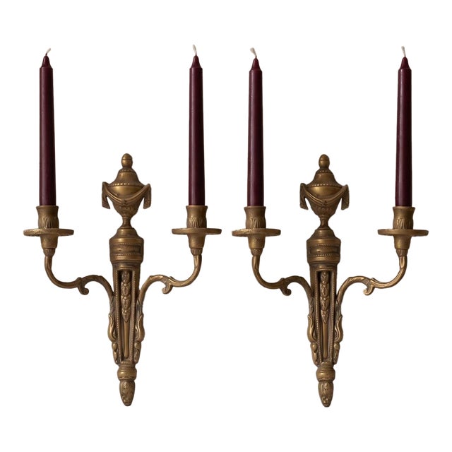 Pair Vintage Bronze Wall Candle Sconces, French Regency Style Candelabra, Hollywood Regency Brass Wall Decor, Neoclassical Candle Holders For Sale