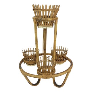 Mid-Century Tiki Plant Stand in Bamboo Rattan, 1950s For Sale