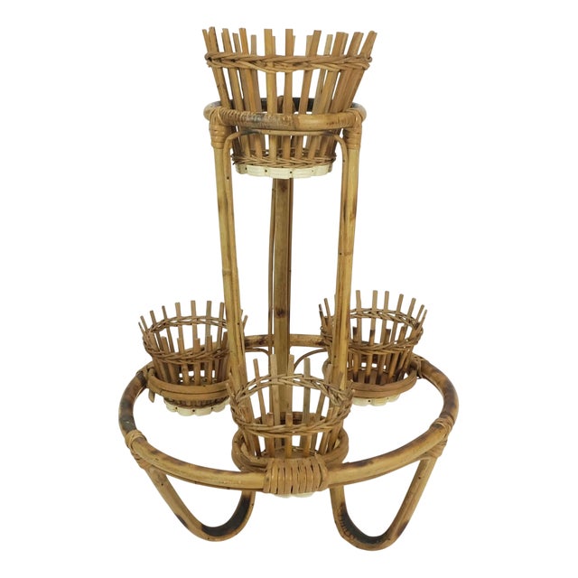 Mid-Century Tiki Plant Stand in Bamboo Rattan, 1950s For Sale