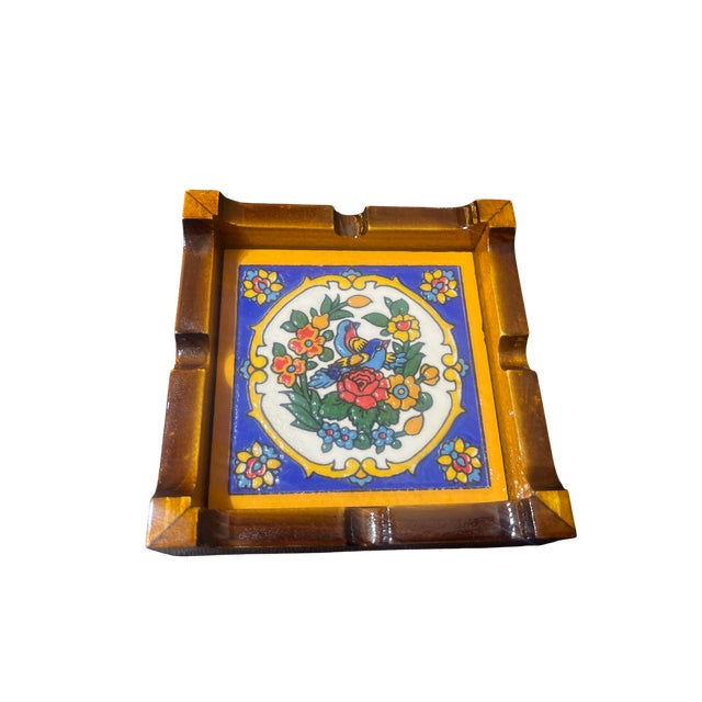 Ceramic 1990s Hand Painted Ceramic Ashtray in Wood Frame For Sale - Image 7 of 11