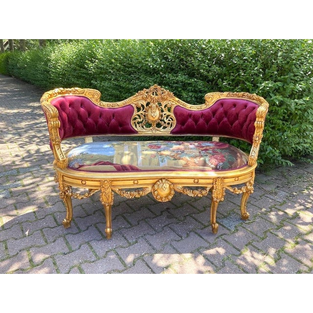 1950s French Louis XVI Gold Beech Velvet Settee For Sale - Image 13 of 13