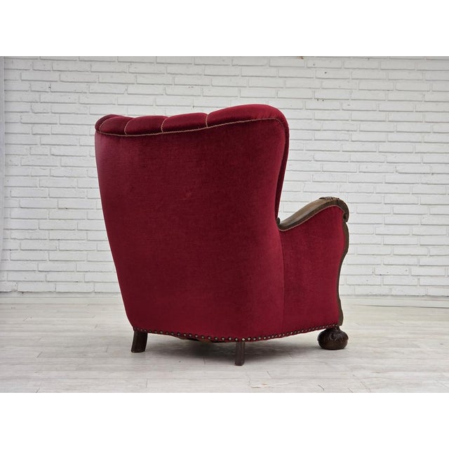 Danish Relax Chair in Cherry-Red Velour & Oak Wood, 1960s For Sale - Image 17 of 18