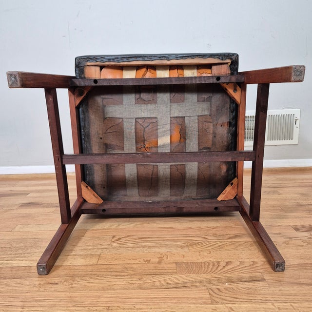 1960s Mid Century Modern Gunlocke Style Sculpted Walnut & Channeled Naughahyde Lounge Arm Chair For Sale - Image 12 of 12