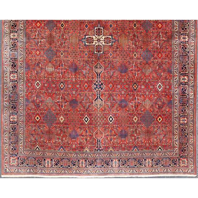 Antique Joshegan Rug With Rich Red Field, Geometric Motifs and Navy Borders 12 X 16'5 For Sale - Image 4 of 16