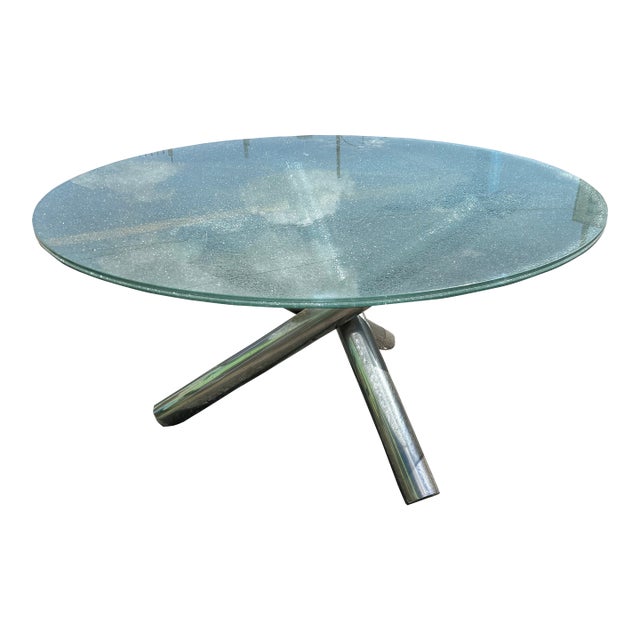 Late 20th Century Mid Century Modern Tripod “Jax” Dining Table 60” Crackle Glass Top For Sale