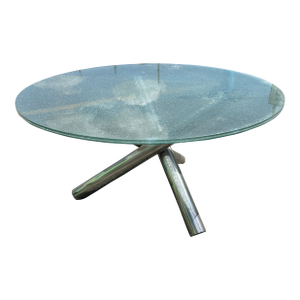 Late 20th Century Mid Century Modern Tripod “Jax” Dining Table 60” Crackle Glass Top