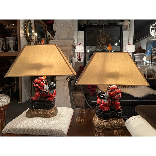1920s Lacquered Carved Wood Foo Dog Table Lamps- a Pair For Sale - Image 11 of 14