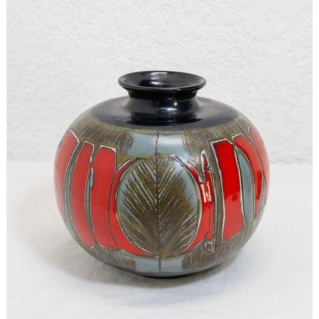 Ceramic Mid-Century German Grey, Red & Dark Blue Ceramic Vase with Leaves Motif, 1960s For Sale - Image 7 of 12