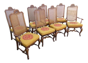 Italian Style Fruitwood Caned Shell Carved Dining Chairs-Set of 8