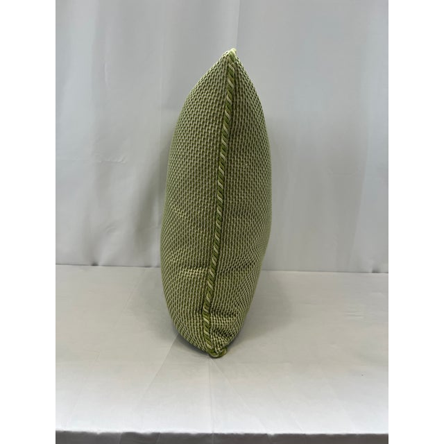Custom-tailored handcrafted 20” pillow in beautiful green and beige woven basketweave fabric woth coordinating cord trim....