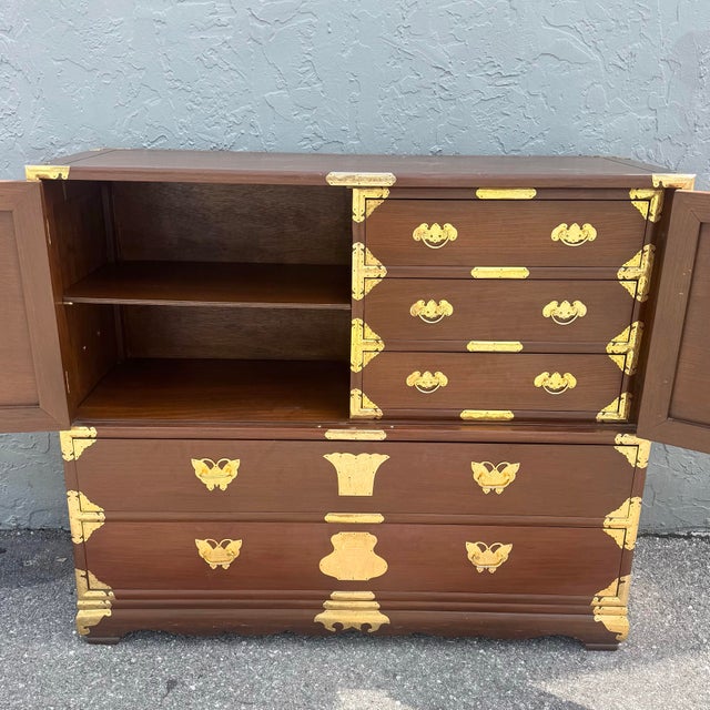 Mid 20th Century Vintage Chinese Wooden Highboy Armoire With Gold Accents For Sale - Image 5 of 10