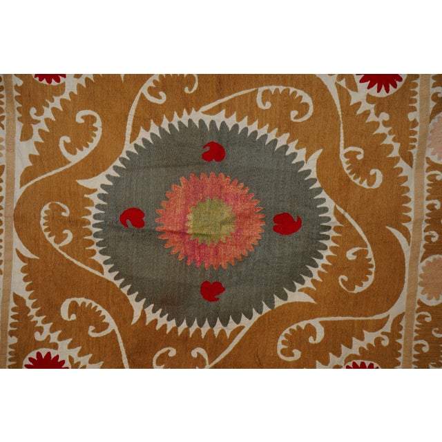 Suzani Wall Hanging, Mustard Green Red Uzbek Hand Embroidery 4'2'' X 4'5'' For Sale In New York - Image 6 of 10