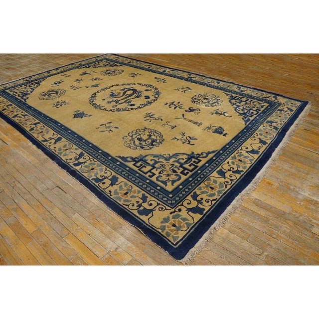 Chinese 1900s Beige Field Classic Greek Key Dragon Antique Chinese Peking Room Size Rug For Sale - Image 3 of 10