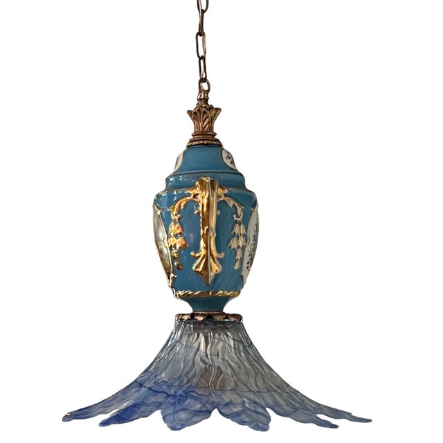 Antique Sevres-Style Bleu Celeste Romantic Floral Porcelain With Murano Art Glass Lotus Blue Shade For Sale - Image 10 of 17