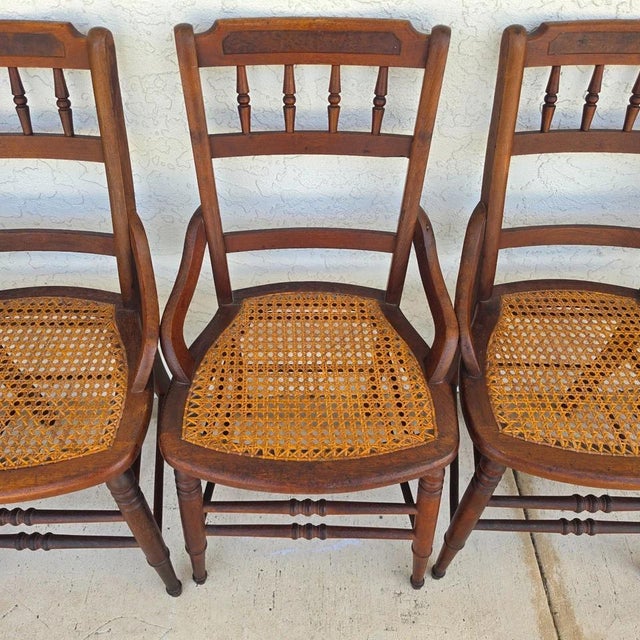 Antique Walnut Victorian Spindle Back Cane Seat Dining Chairs Set of 6 For Sale - Image 10 of 18