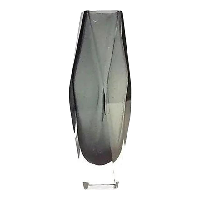 Mid-Century Geometric Smoked Cut Crystal Vase For Sale